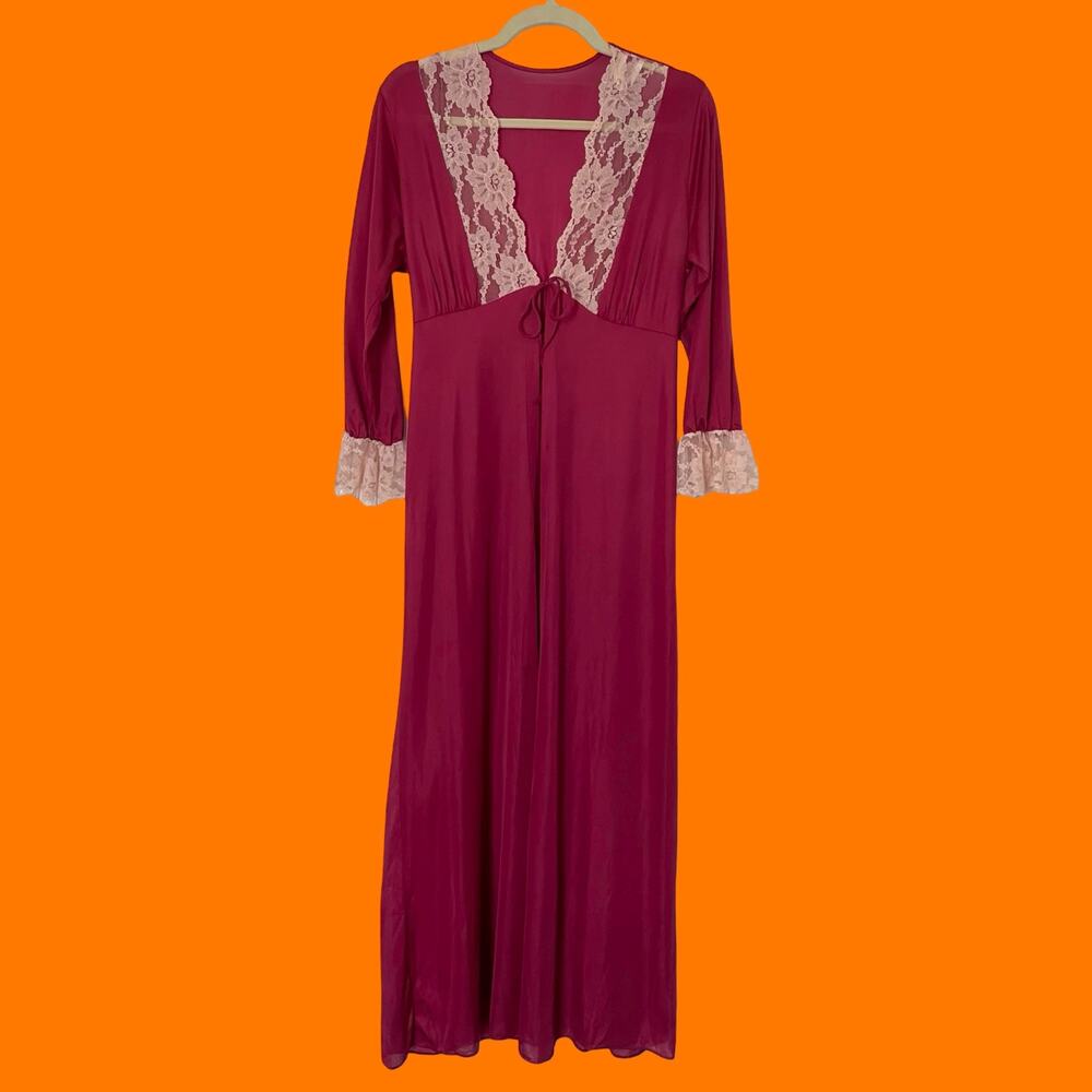 70's 80's vintage wine red pink floral lace lingerie peignoir robe LARGE